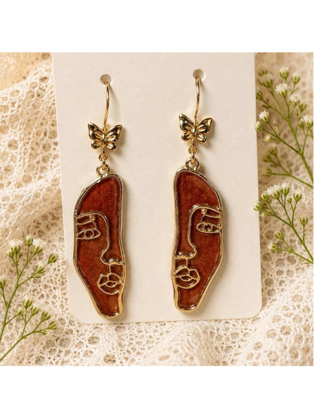 Handmade Geometric Face Earrings Gold Butterfly Boho Dangle